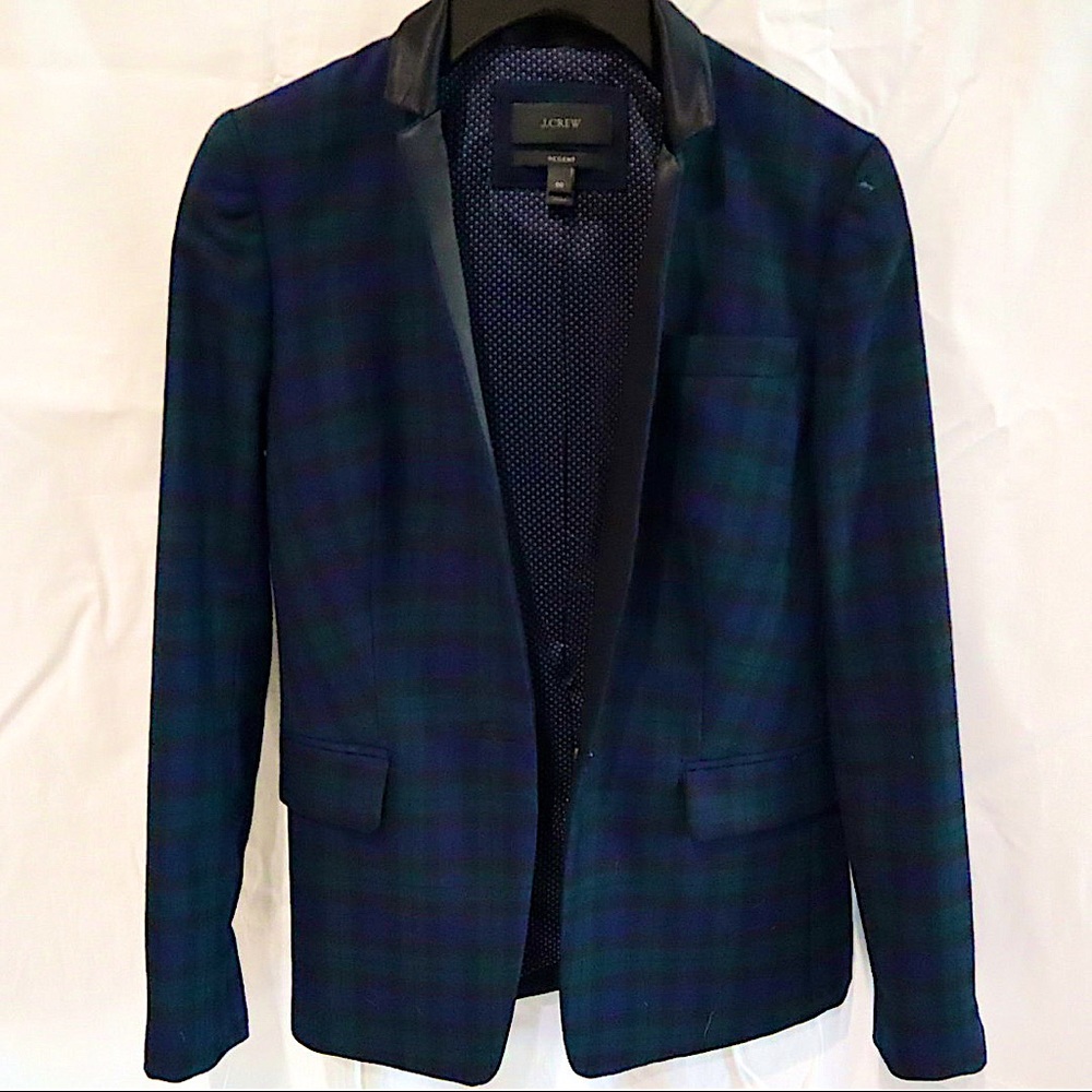 COPY - J. Crew Wool Tartan plaid, navy and forest green riding jacket.